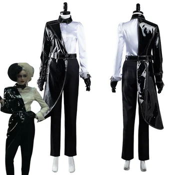Cruella De Vil Cosplay Kostüm Siyah Beyaz Performans Giyim Üst Pantolon Tam Set Karnaval Noel Partisi Kıyafetleri