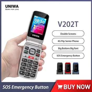 UNIWA V202T 4G Flip Kıdemli Telefon 2.4 İnç Çift Ekran Acil Çağrı Düğmesi Özelliği Telefon 1450mAh Büyük Basma Düğmesi Yaşlılar İçin