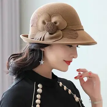 Vintage Kadınlar Bayanlar Şapka Yukarı çevirmek Ağız Çiçek %100 % Yün keçe Şapkalar Bayan Ziyafet Resmi Yün Fedora Şapka