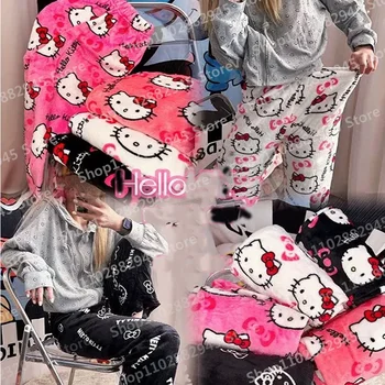 Yeni Kawaii Hello Kittys Pijama Partisi Pijama Pazen Moda kadın pantolonları Sevimli Yün Anime Rahat Aile Pantolon Sonbahar / Kış