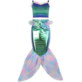 Çocuk Mermaid Mayo Cosplay Kostüm Kız Sevimli İki parçalı Dantel Patchwork Halter Etek Seti Cadılar Bayramı Giyinmek Sahil Elbise